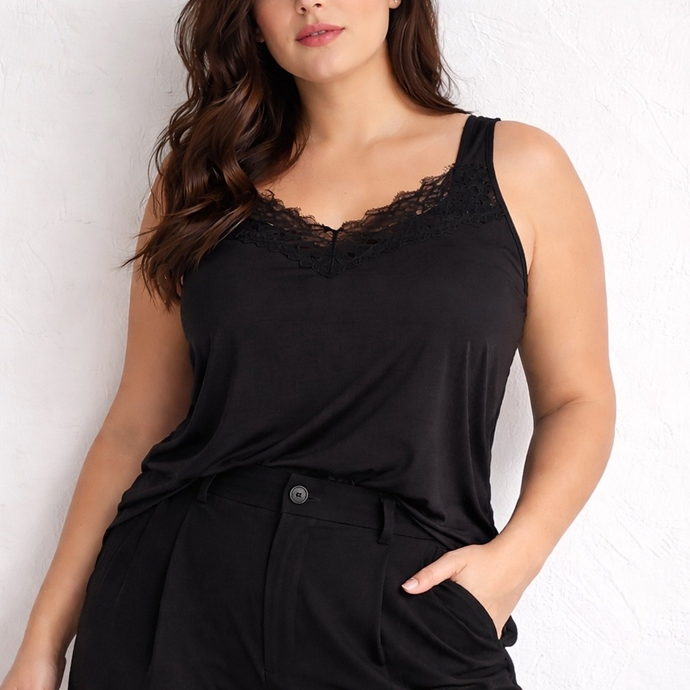 ellos Black‎ Lace Trim Camisole 2X 26/28 Stretch Romantic Tank Top
